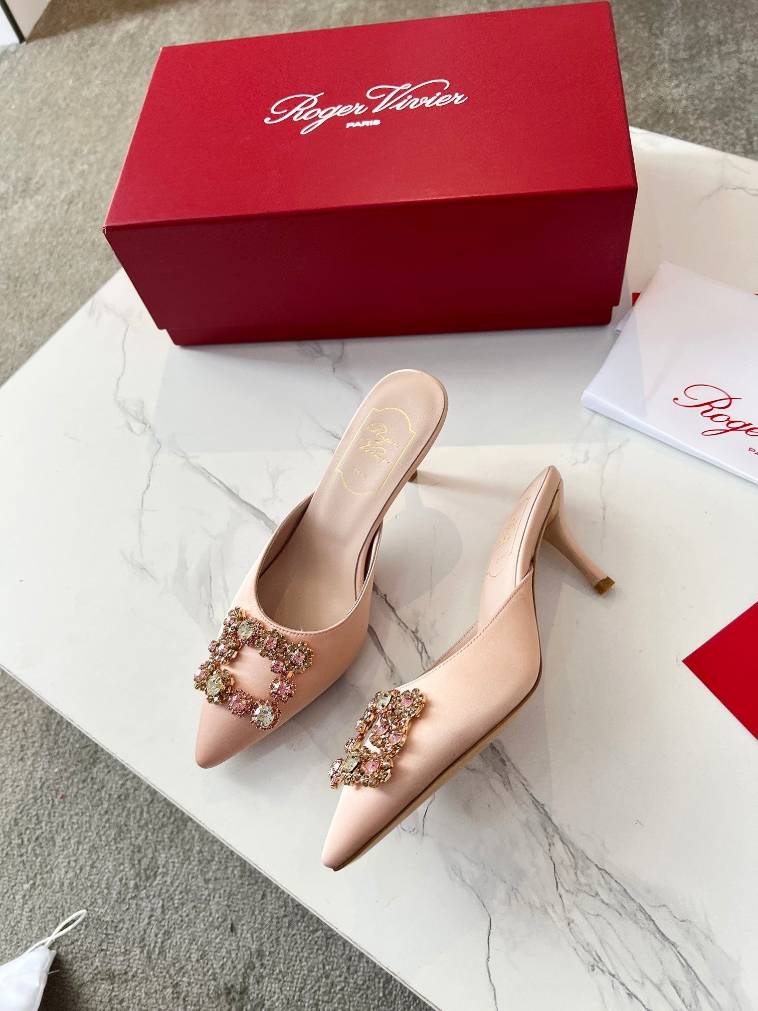 EFFLORESCENCE MULES IN LIGHT FAWN SATIN