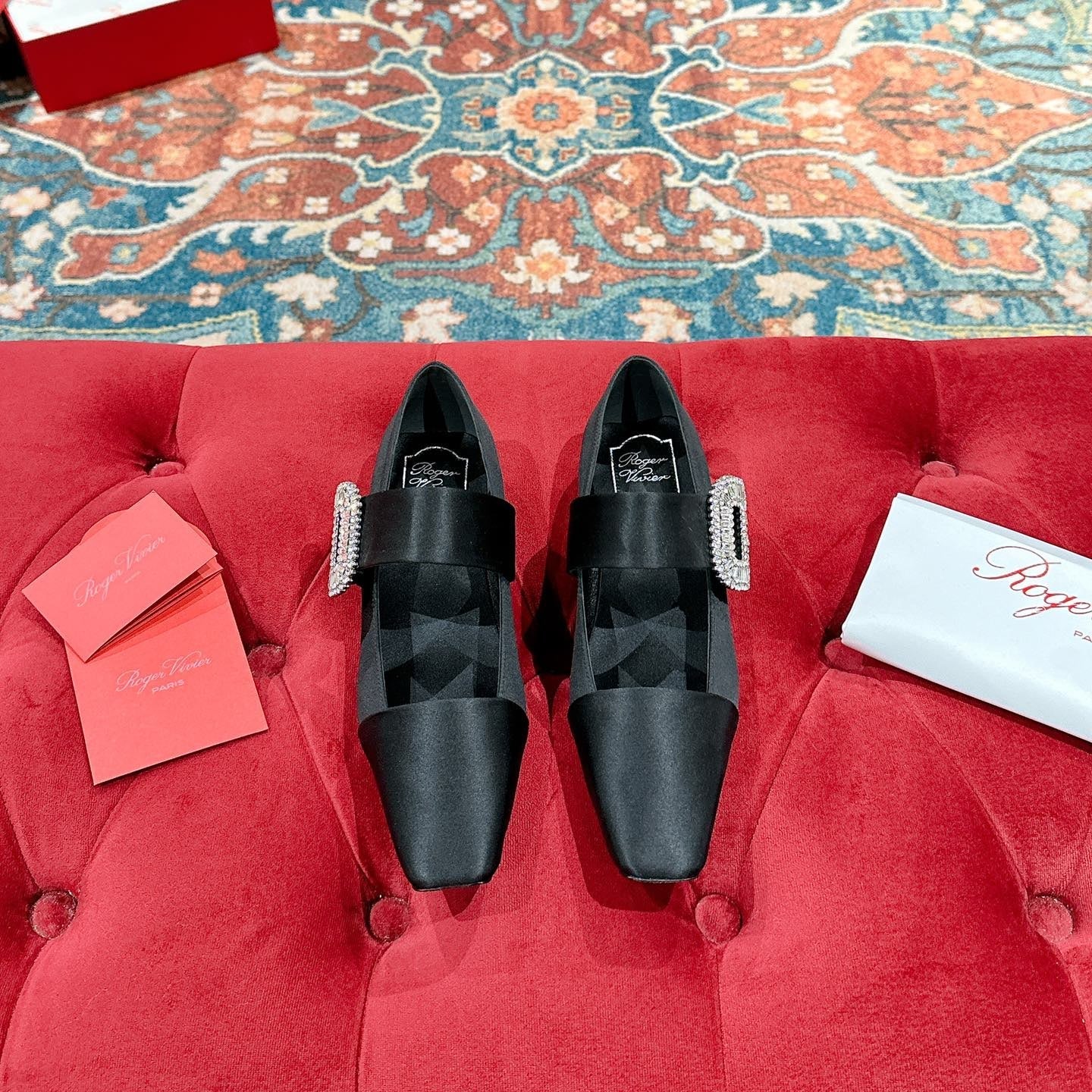 MARY JANES IN BLACK SATIN WITH CRYSTAL SQUARE BUCKLE