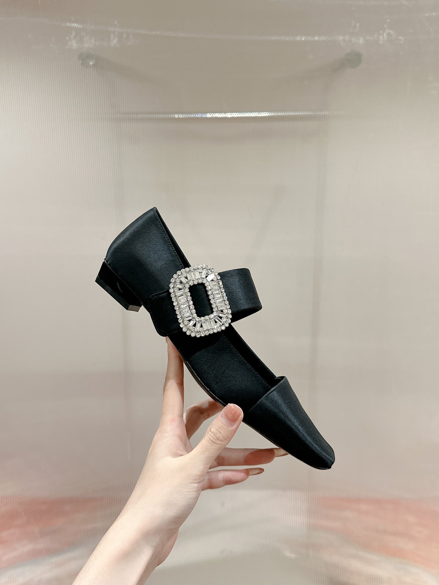 MARY JANES IN BLACK SATIN WITH CRYSTAL SQUARE BUCKLE