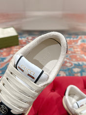 GUCCI 26S SCREENER SNEAKER IN BEIGE SUEDE MIX NAVY BLUE CANVAS