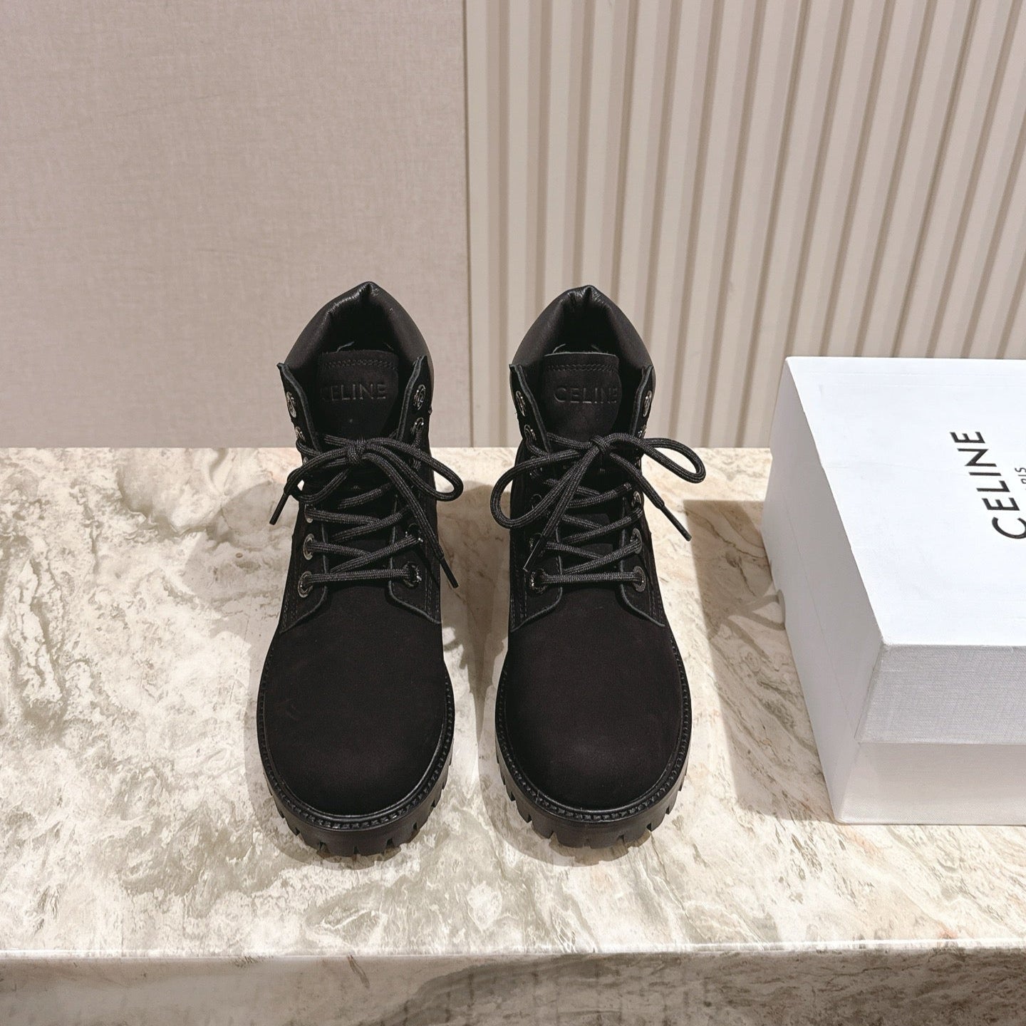 CELINE 25S MARTIN BOOTS IN BLACK CALFSKIN
