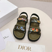 DIOR BACK-STRAP SANDALS 25S IN MOSS GREEN CALFSKIN EMBROIDERED WITH PETITES FLEURS