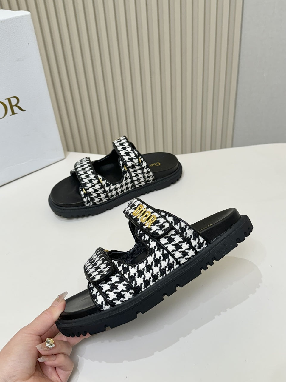 DIOR CLASSIC DOUBLE-STRAP SLIDES 25S IN WHITE MIX BLACK TWEED AND CALFSKIN