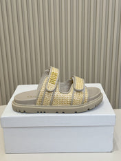 DIOR CLASSIC DOUBLE-STRAP SLIDES 25S IN BEIGE RAFFIA AND GREY CALFSKIN