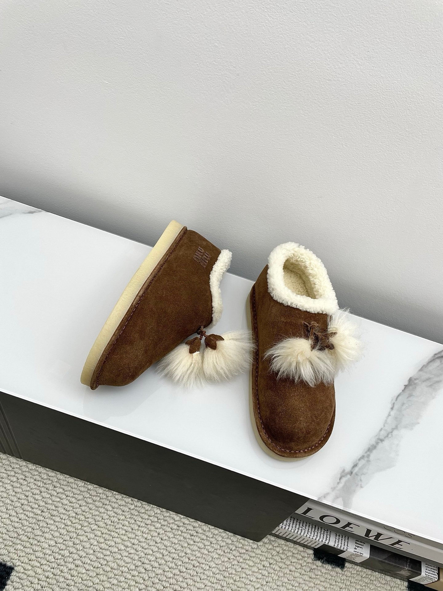 MIUMIU 26S ANKLE SHEARLING BOOTS IN DARK BROWN SUEDE