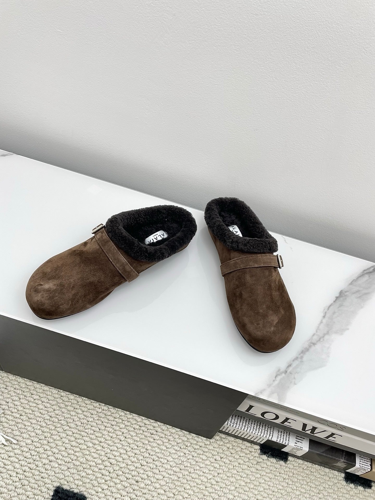 ALAIA 26S MULE IN DARK BROWN SUEDE AND WOOL