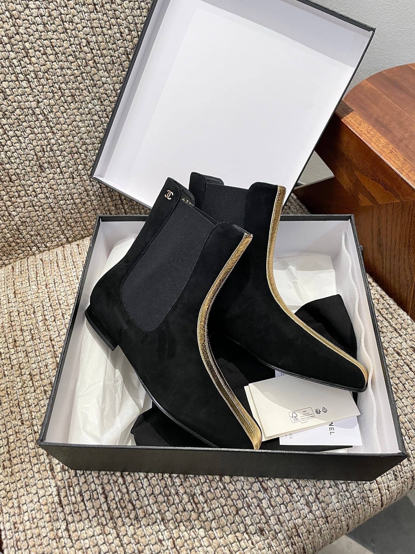CHANEL 26S ANKLE BOOTS IN BLACK SUEDE WITH CONTRASTING GOLD TONE TRIM