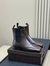 ALAIA 25S SQUARE TOE CHELSEA ANKLE BOOTS SHOES IN BROWN CALFSKIN