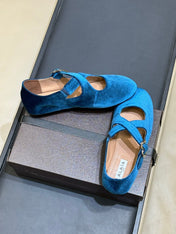 ALAIA 26S MARY JANE BALLET FLATS IN DARK BLUE VELVET