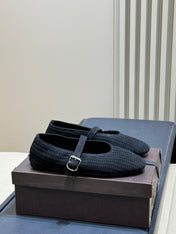 ALAIA 26S KNIT BALLET FLATS IN BLACK SUEDE