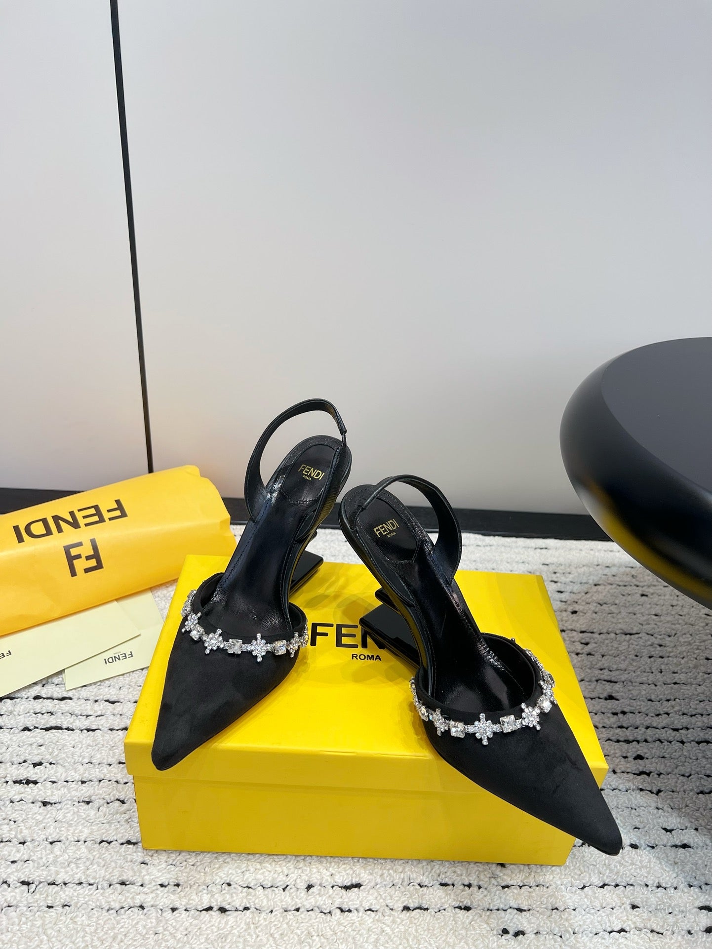 FENDI CRYSTAL HIGH-HEELED SLINGBACK 7 CM IN BLACK  SUEDE