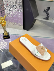LV 26S FLAT SLIDE SANDALS IN WHITE MULTICOLOR CALFSKIN GOLD HARDWARE