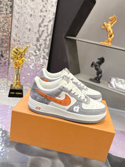 LV 26S DUNK LOW SNEAKERS IN WHITE GREY ORANGE MONOGRAM SWOOSH CALFSKIN