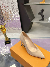 LV 26S POINTED TOE PUMPS 85MM IN NUDE BEIGE SUEDE