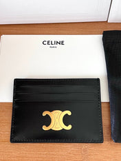 CELINE 25S CARD HOLDER TRIOMPHE LOGO 11 IN BLACK CALFSKIN GOLD HARDWARE