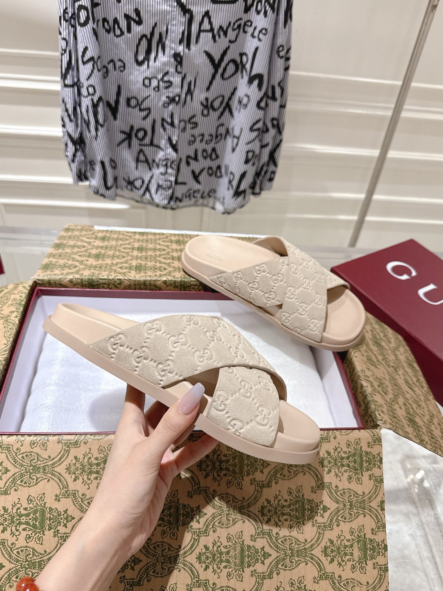 GG SLIDES IN NUDE BEIGE SUEDE WITH EMBOSSED LOGO STYLE 7
