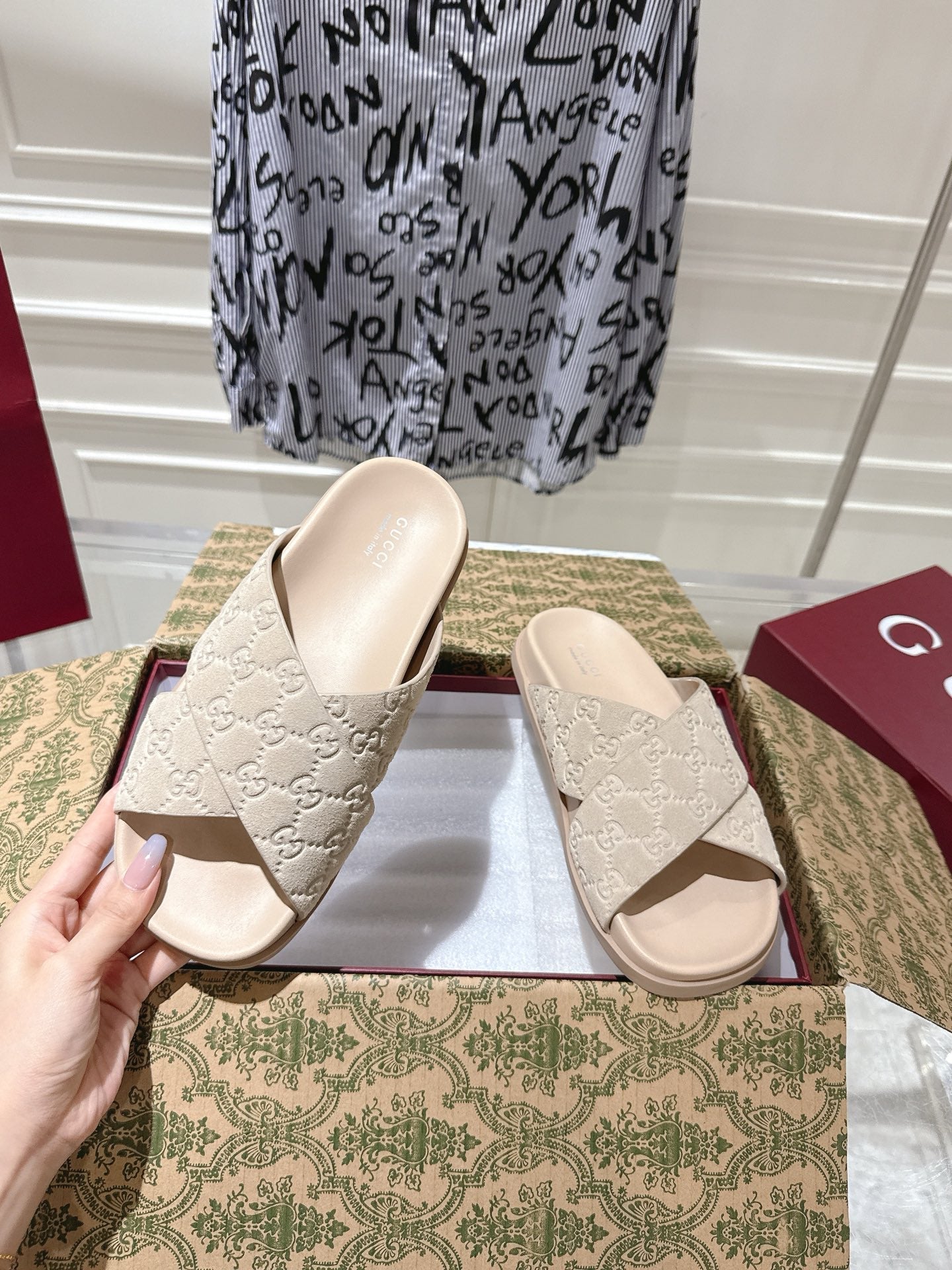 GG SLIDES IN NUDE BEIGE SUEDE WITH EMBOSSED LOGO STYLE 7
