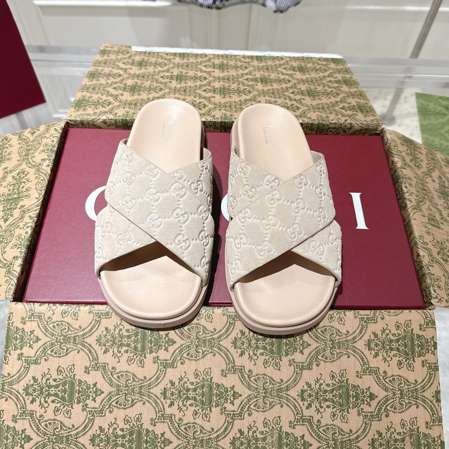 GG SLIDES IN NUDE BEIGE SUEDE WITH EMBOSSED LOGO STYLE 7