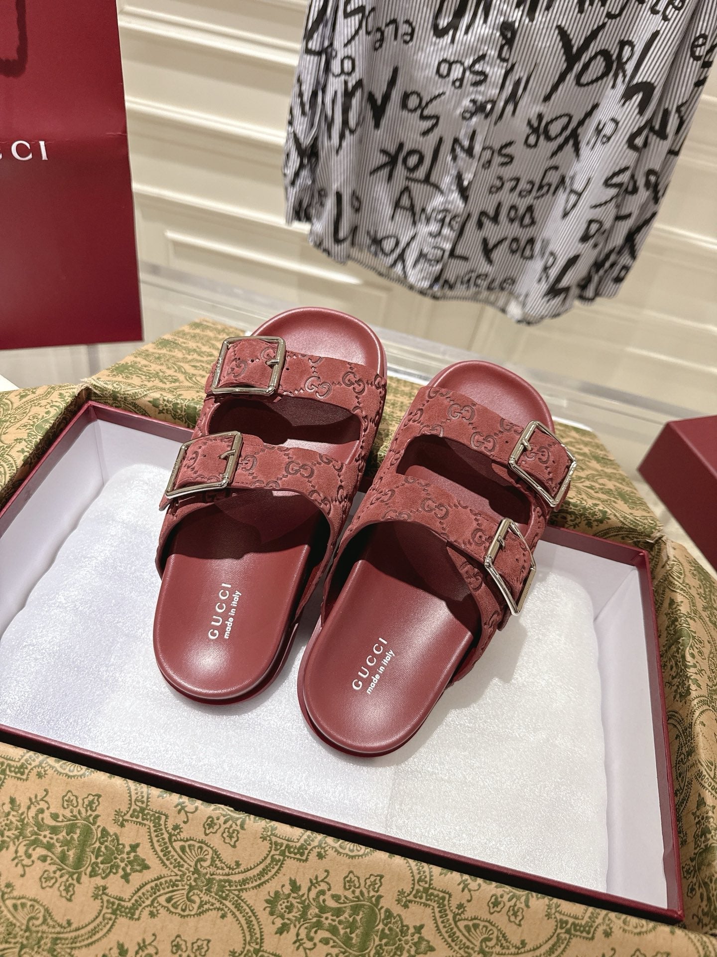 SANDALS IN NAVY RED SUEDE EMBOSSED LOGO SILVER HARDWARE