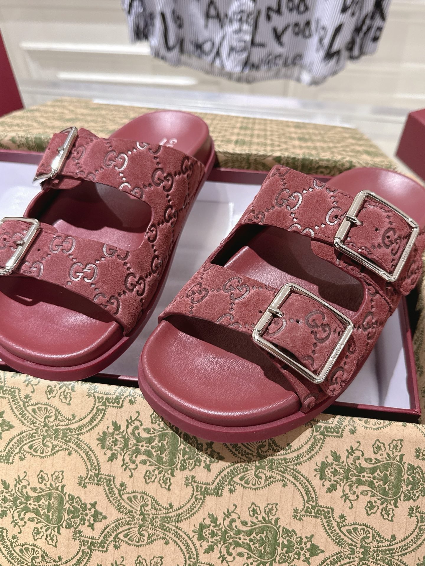 SANDALS IN NAVY RED SUEDE EMBOSSED LOGO SILVER HARDWARE