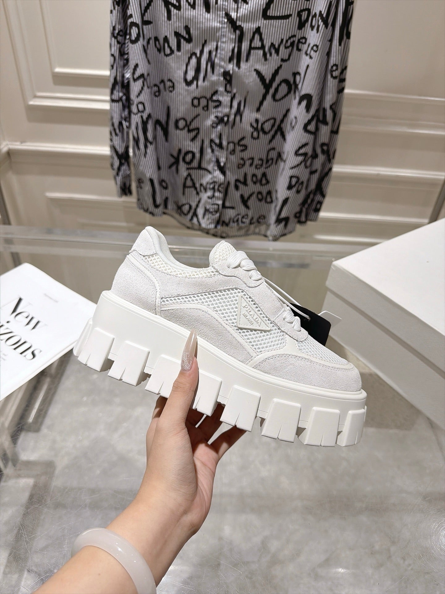 PRADA 26S GEAR SOLE SNEAKERS IN WHITE SUEDE AND MESH