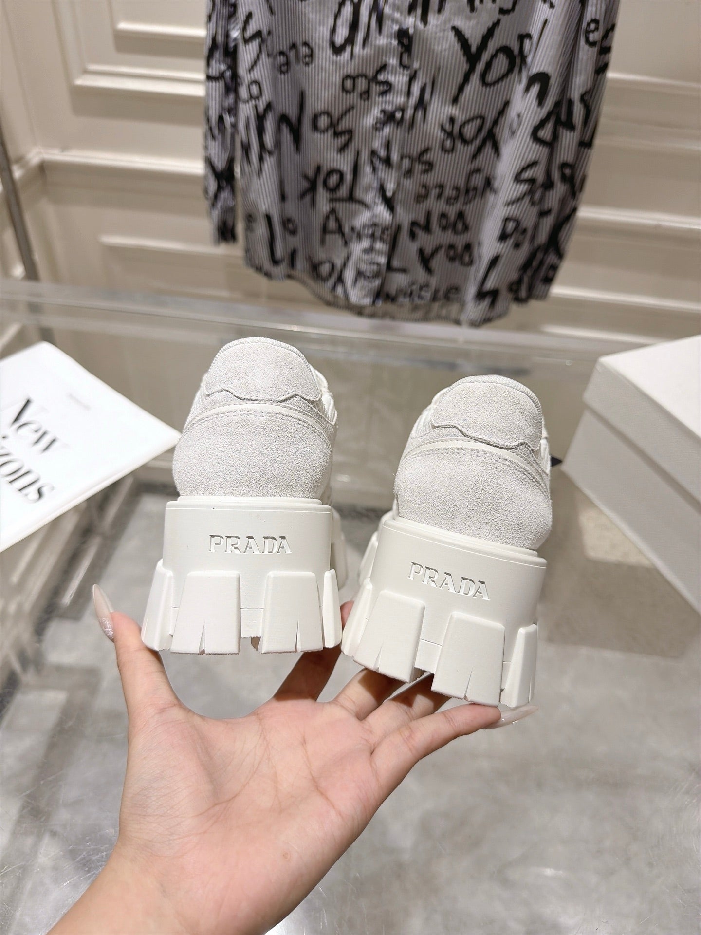 PRADA 26S GEAR SOLE SNEAKERS IN WHITE SUEDE AND MESH