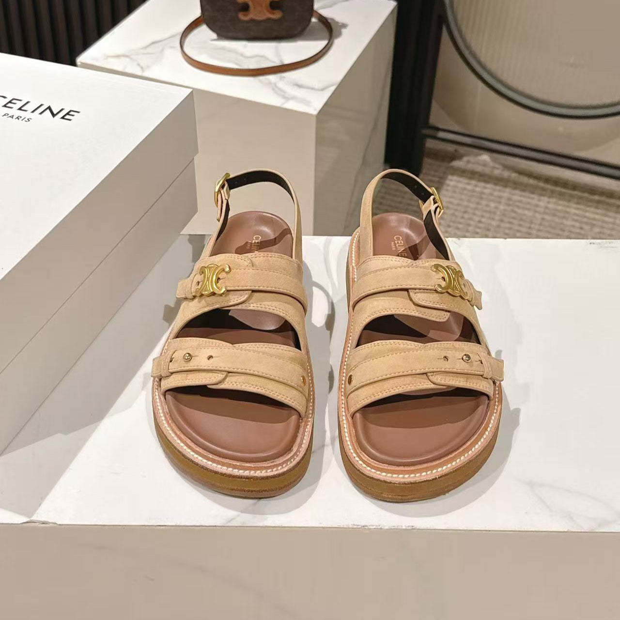 CELINE 25S TIPPI TRIOMPHE SANDAL IN LIGHT BROWN CALFSKIN SUEDE