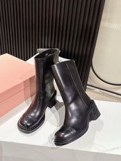 MIUMIU 26S PLATFORM HIGH-HEEL BOOTS 50MM IN BLACK GLOSSY CALFSKIN
