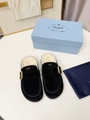 PRADA 26S SHEARLING-LINED MULES IN BLACK SUEDE