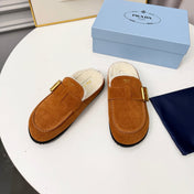 PRADA 26S SHEARLING-LINED MULES IN COGNAC BROWN SUEDE