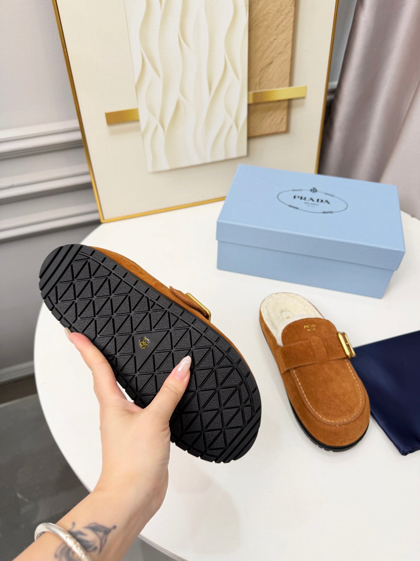 PRADA 26S SHEARLING-LINED MULES IN COGNAC BROWN SUEDE