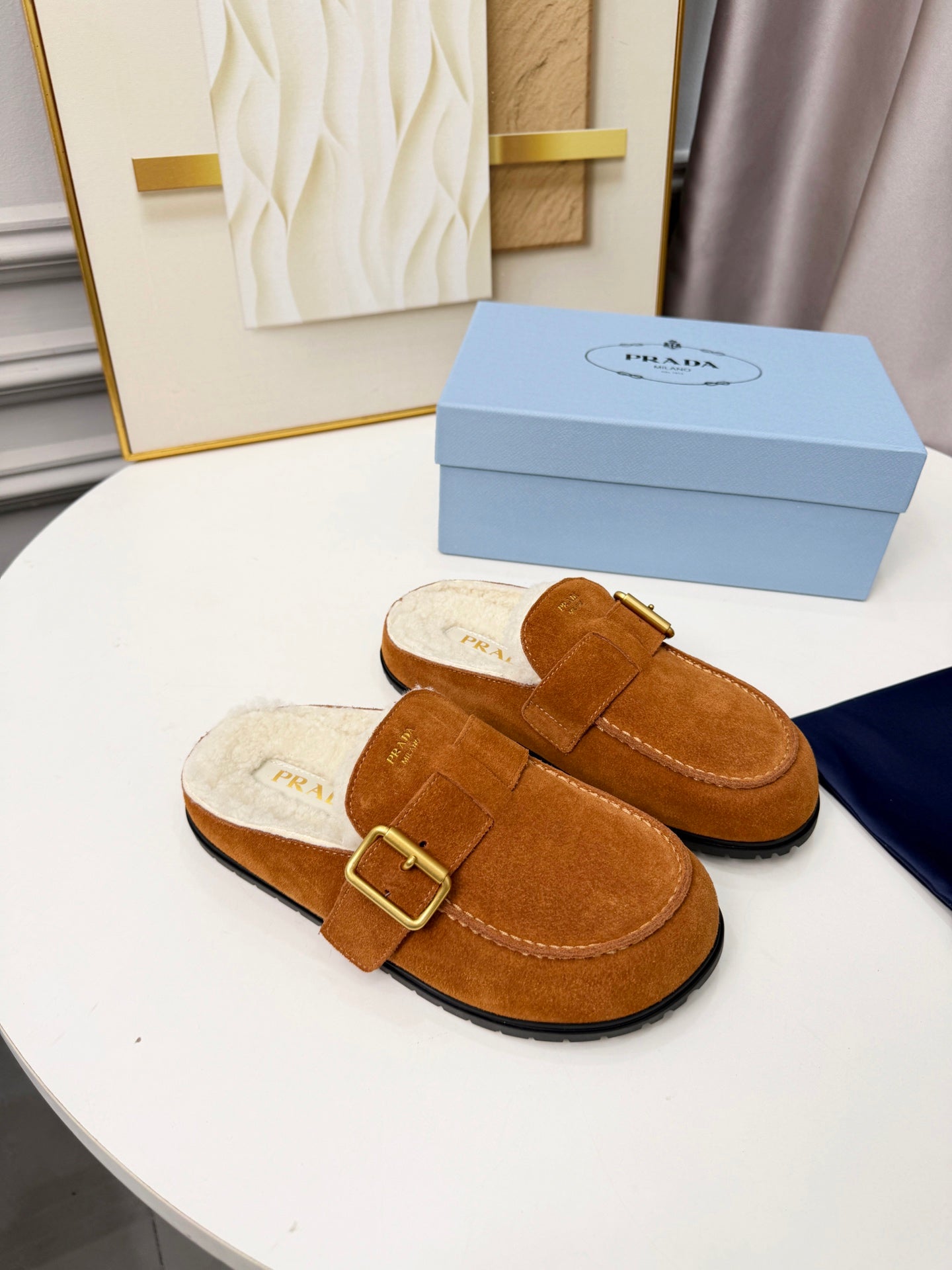 PRADA 26S SHEARLING-LINED MULES IN COGNAC BROWN SUEDE