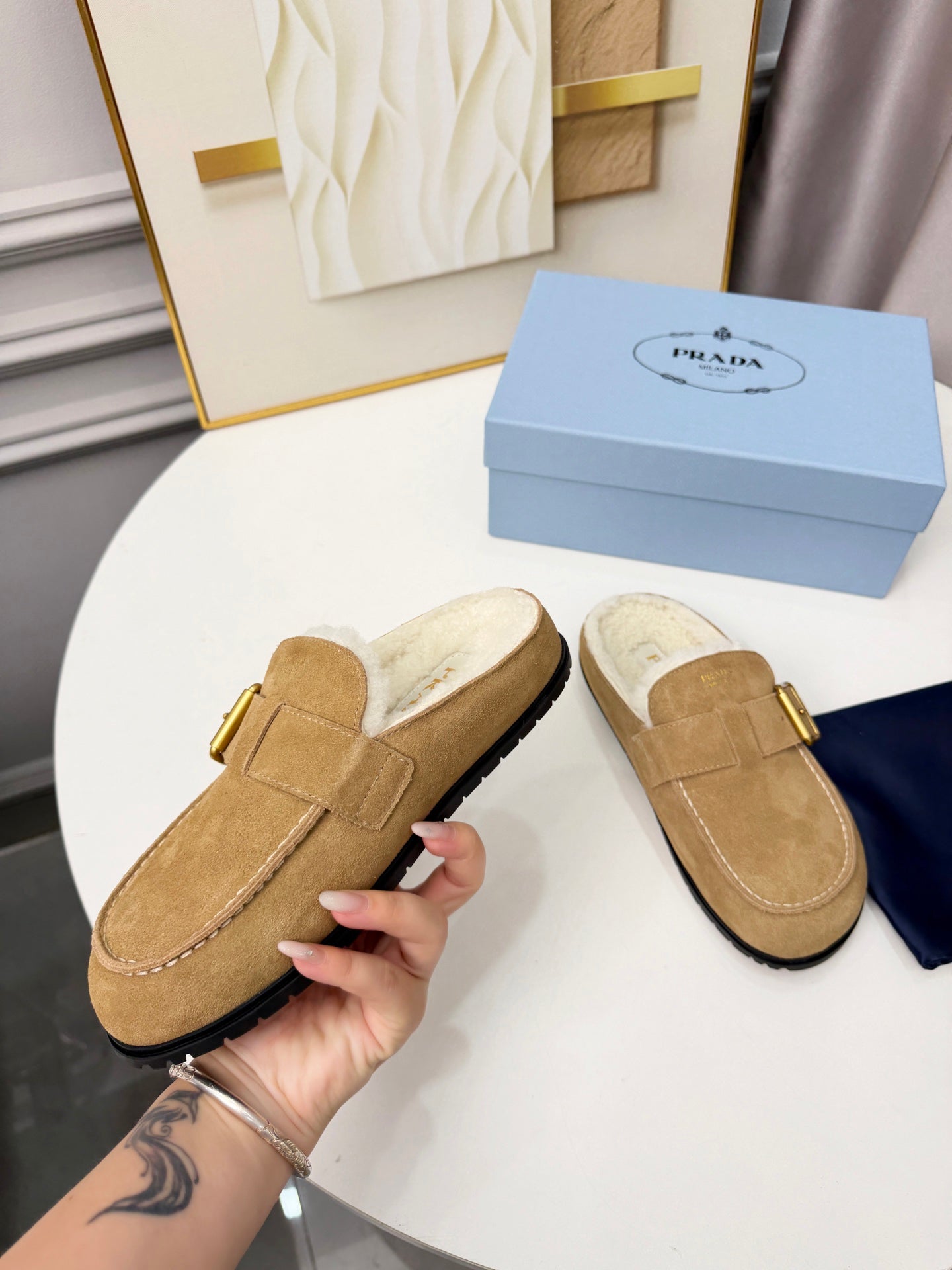 PRADA 26S SHEARLING-LINED MULES IN WARM BEIGE SUEDE