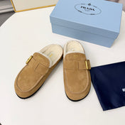 PRADA 26S SHEARLING-LINED MULES IN WARM BEIGE SUEDE