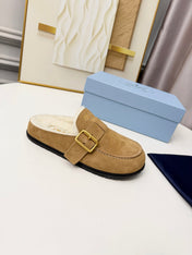 PRADA 26S SHEARLING-LINED MULES IN WARM BEIGE SUEDE