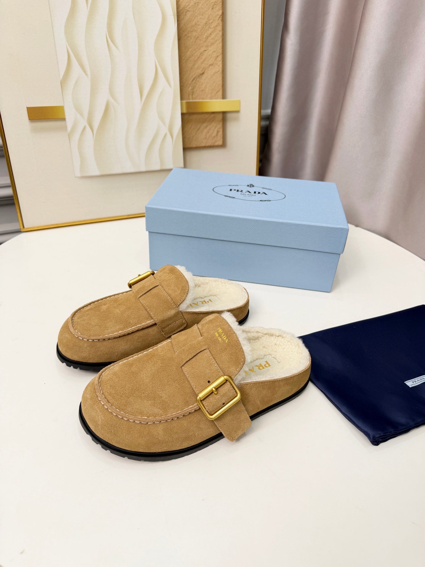 PRADA 26S SHEARLING-LINED MULES IN WARM BEIGE SUEDE