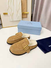 PRADA 26S SHEARLING-LINED MULES IN WARM BEIGE SUEDE