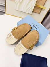 PRADA 26S SHEARLING-LINED MULES IN WARM BEIGE SUEDE