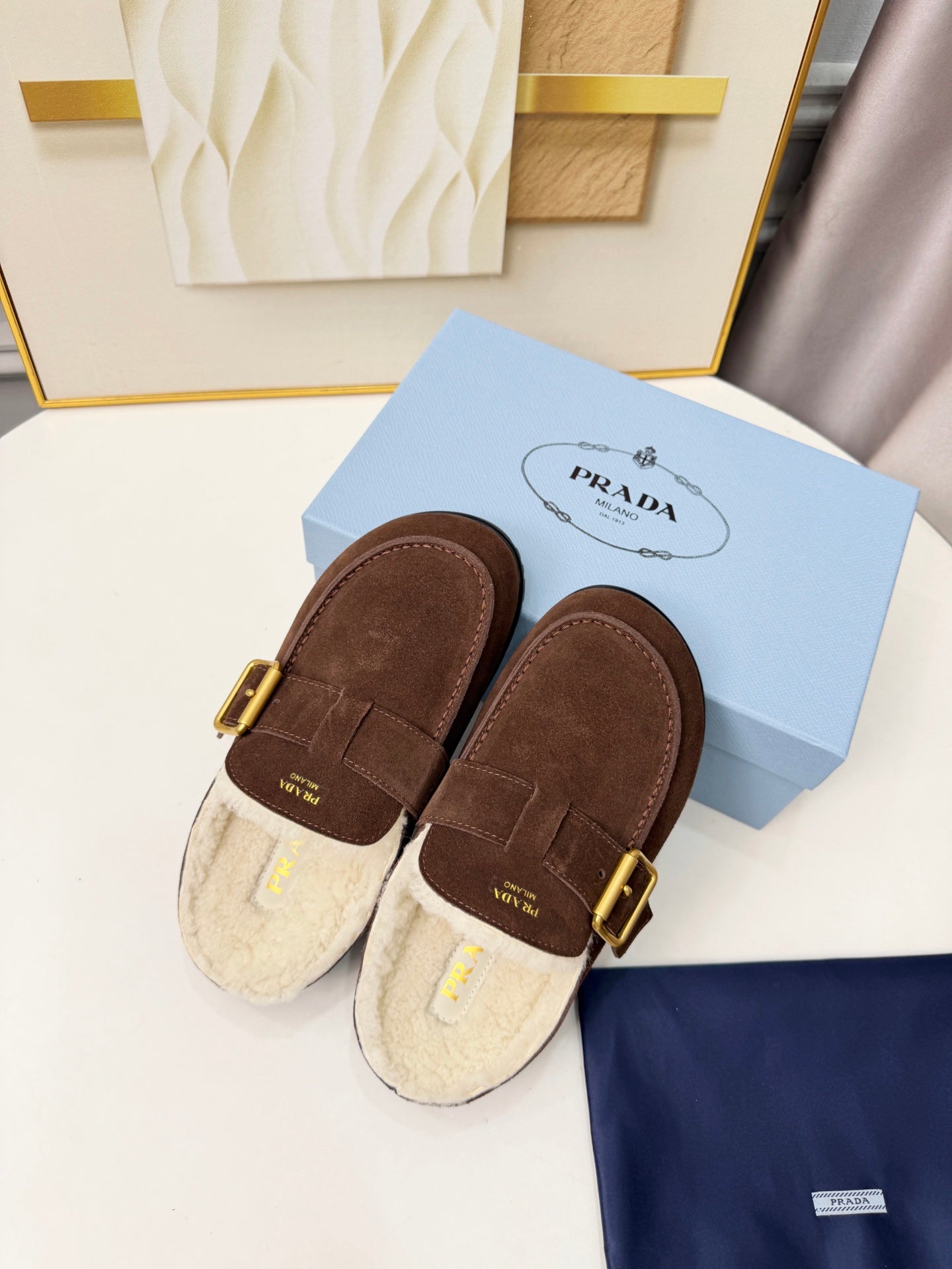 PRADA 26S SHEARLING-LINED MULES IN CHOCOLATE BROWN SUEDE