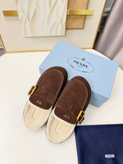 PRADA 26S SHEARLING-LINED MULES IN CHOCOLATE BROWN SUEDE