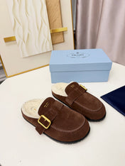 PRADA 26S SHEARLING-LINED MULES IN CHOCOLATE BROWN SUEDE