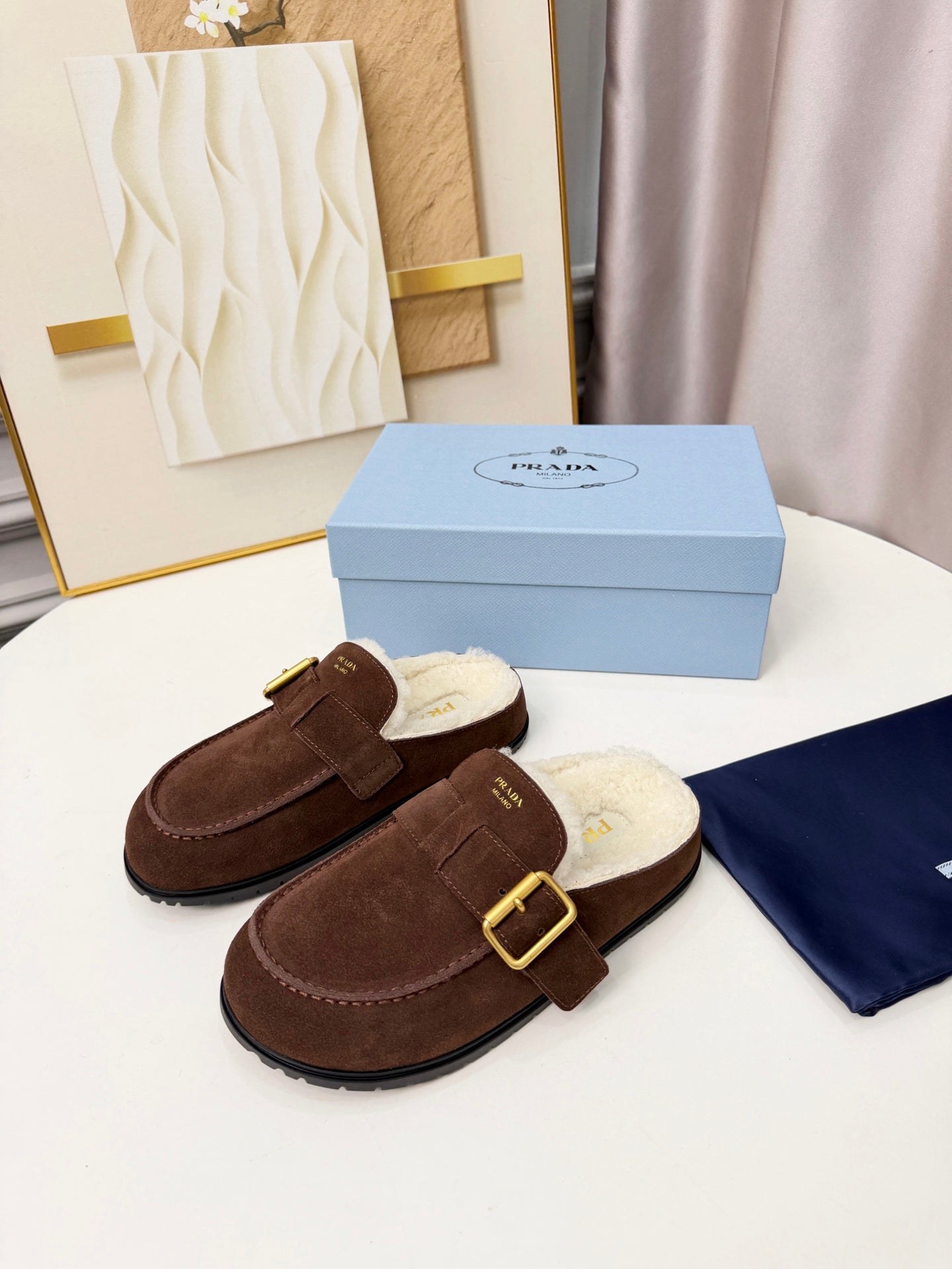 PRADA 26S SHEARLING-LINED MULES IN CHOCOLATE BROWN SUEDE