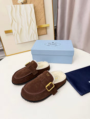 PRADA 26S SHEARLING-LINED MULES IN CHOCOLATE BROWN SUEDE