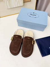 PRADA 26S SHEARLING-LINED MULES IN CHOCOLATE BROWN SUEDE