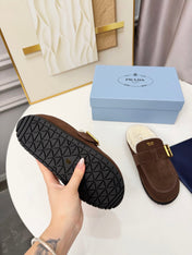 PRADA 26S SHEARLING-LINED MULES IN CHOCOLATE BROWN SUEDE