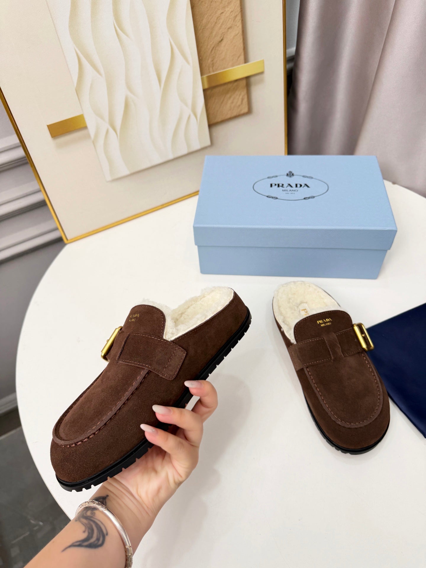 PRADA 26S SHEARLING-LINED MULES IN CHOCOLATE BROWN SUEDE