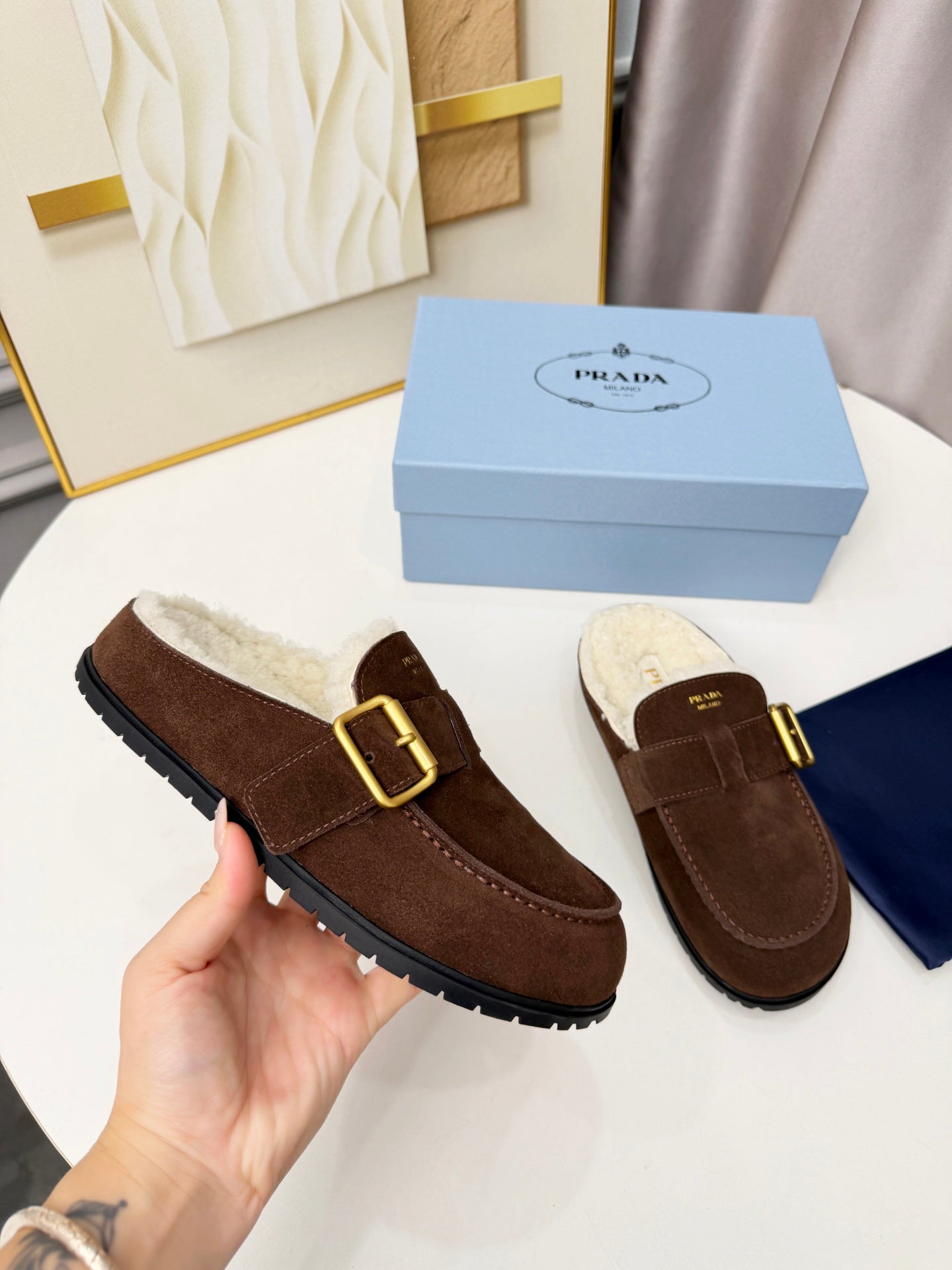 PRADA 26S SHEARLING-LINED MULES IN CHOCOLATE BROWN SUEDE