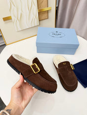 PRADA 26S SHEARLING-LINED MULES IN CHOCOLATE BROWN SUEDE