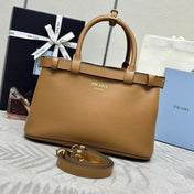 PRADA 25S BUCKLE MEDIUM HANDBAG 28 IN CARAMEL CALFSKIN GOLD HARDWARE