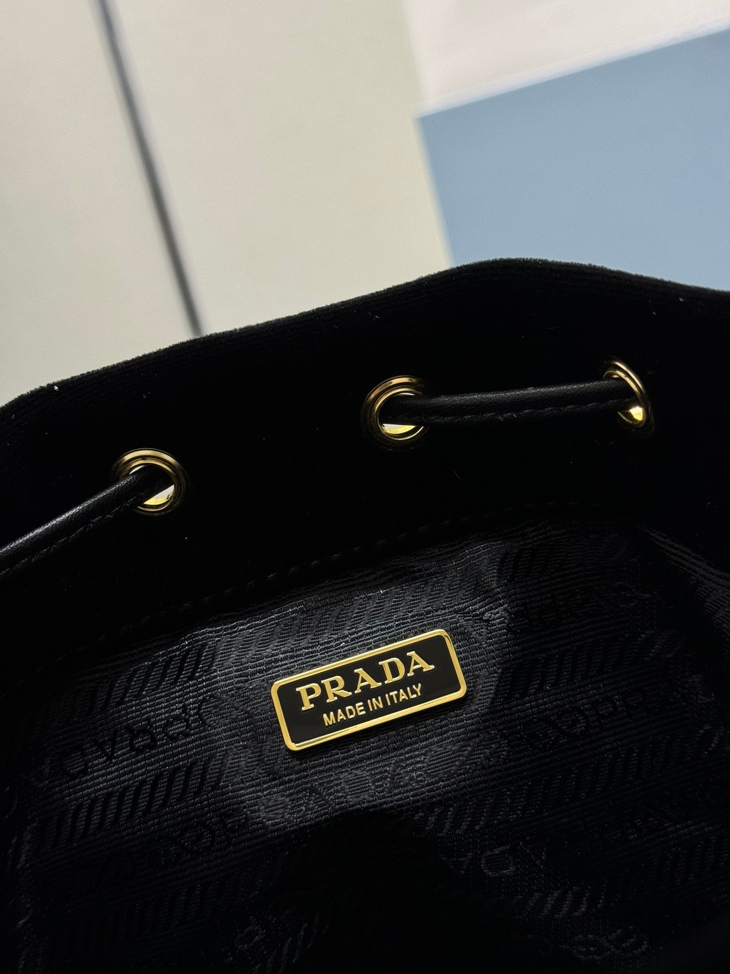 PRADA 25S BUCKET BAG 19 IN BLACK VELVET GOLD HARDWRE